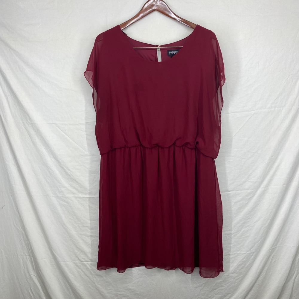 Enfocus Women Berry Chiffon Overlay Elastic Waist Dress 20W 99617S Burgundy